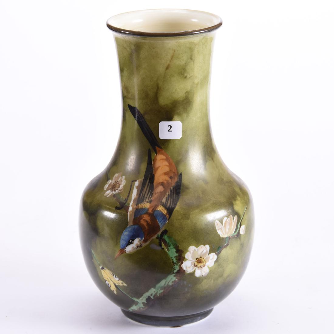 Unmarked Smith Brothers Art Glass Vase 12": Unmarked Smith Brothers Art Glass Vase - 12" - White Opaline with Green Mottled Background - Bird and Moth Scenic Decor