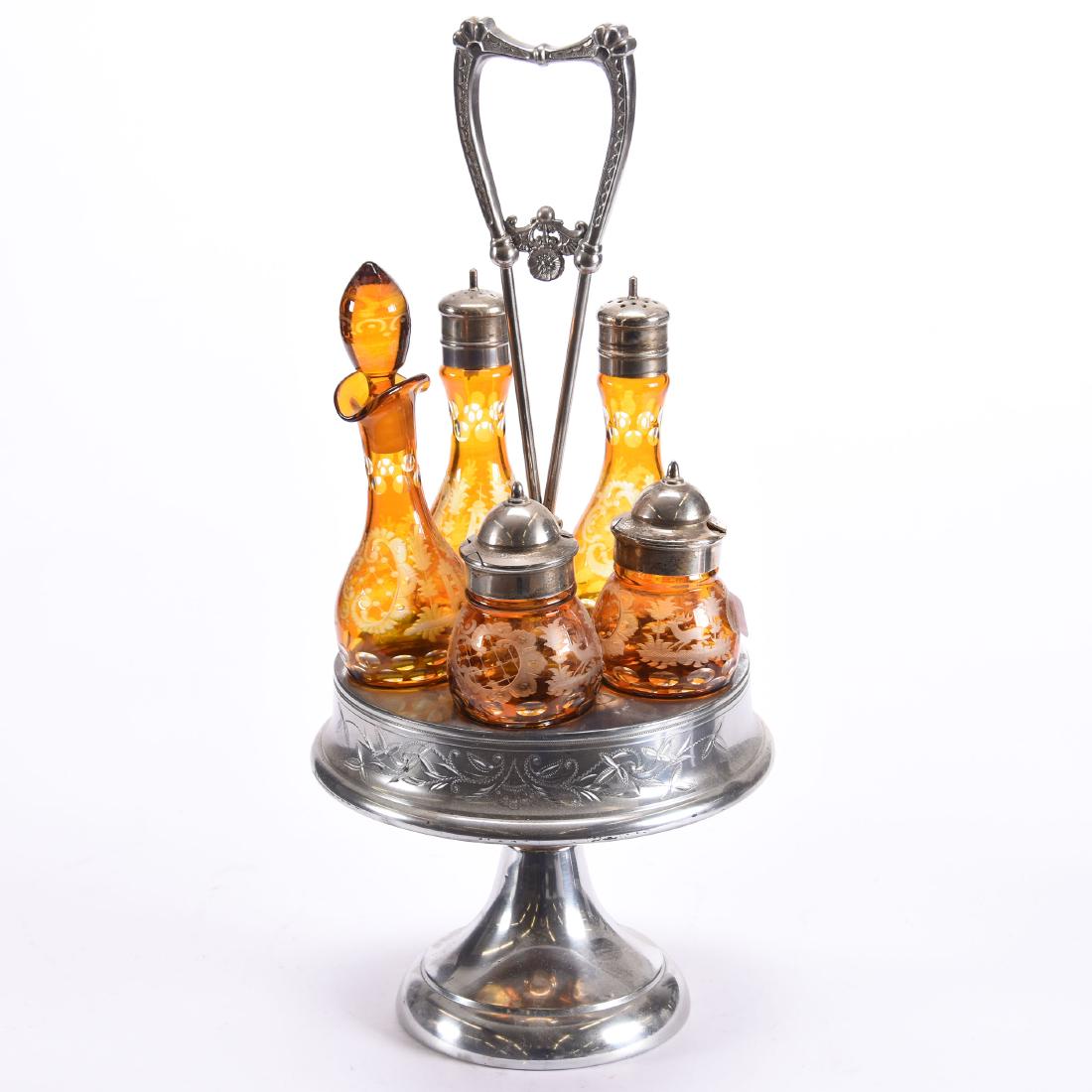 Castor Set with Bohemian Amber Etched Bottles 16": Castor Set with Bohemian Amber Etched Bottles - 16" - Five Bottles with Engraved Tower and Stag Design - Set on Silverplate Stand