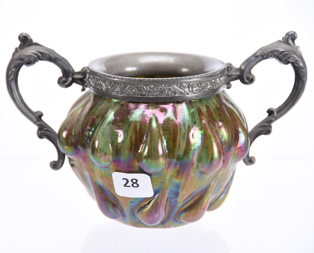 Loetz Style Art Glass Sugar Bowl 4.25" X 6.75": Loetz-Style Art Glass Sugar Bowl - 4.25" X 6.75" - Highly Iridescent Green and Mottled Carmel Body with "Raindrop" Bulges - Silverplate Rim and Handles