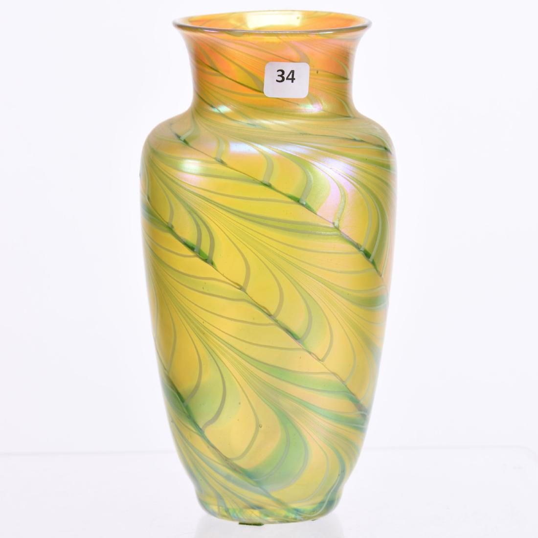 Orient & Flume Marked Art Glass Vase 9.75": Orient & Flume Marked Art Glass Vase - 9.75" - Iridescent Yellow Background with Green and White Pulled Feather Design - Contemporary - Dated 1987