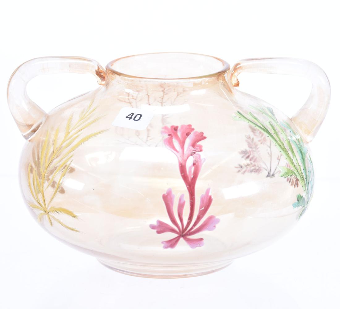 Iridescent Art Glass Vase 4.75" X 7.75": Iridescent Art Glass Vase - 4.75" X 7.75" Across Handles - Enamel Underwater Vegetation - #4697 - Polished Pontil