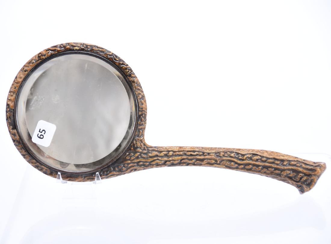 Hand Mirror with Faux Stag Antler Handle 12": Hand Mirror with Faux Stag Antler Handle - 12" - Round Beveled 4.5" Mirror