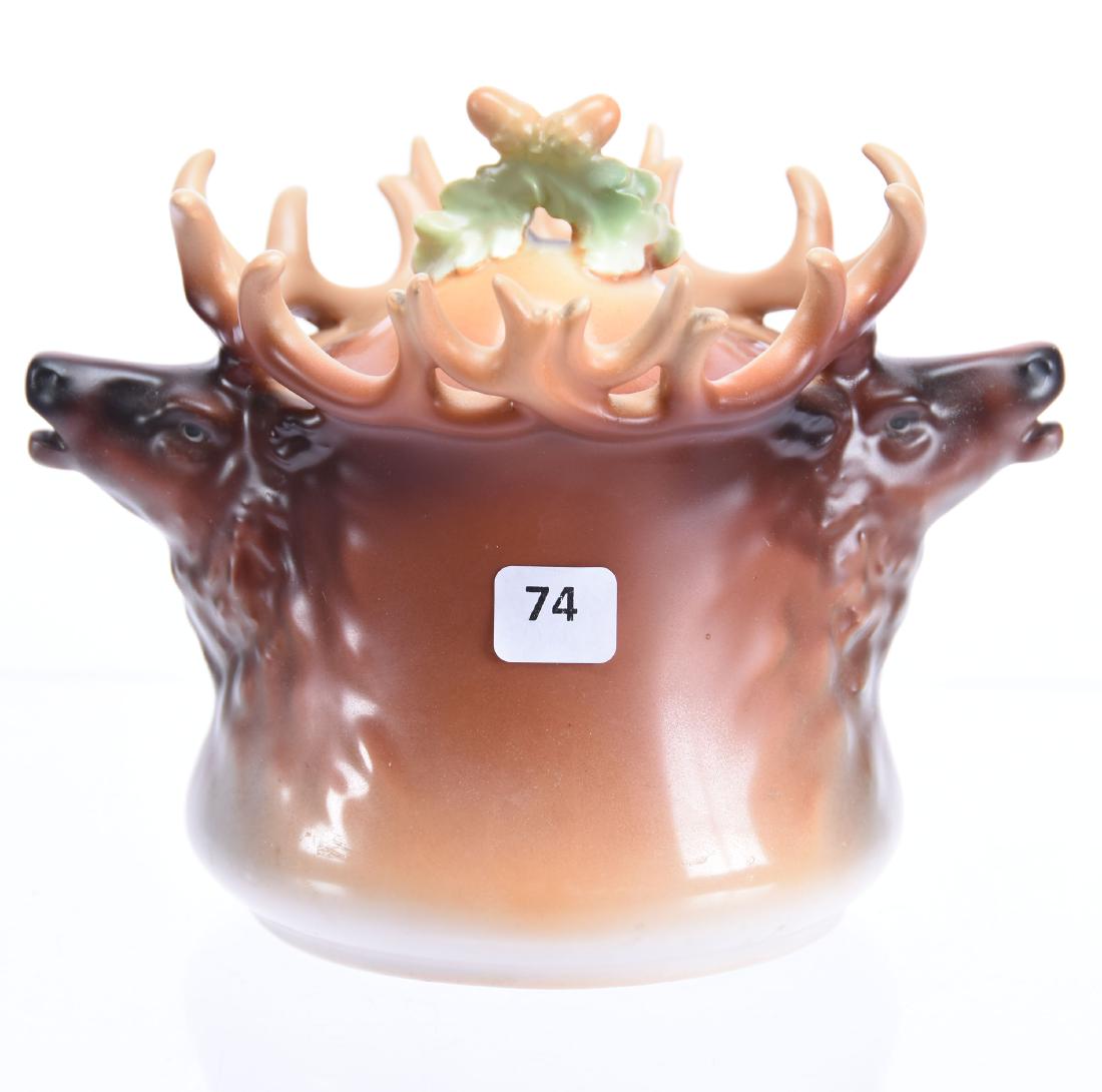 Royal Bayreuth (Blue Mark) Figural Humidor 6": Royal Bayreuth (Blue Mark) Figural Humidor - 6" - Elk - Acorn and Leaf Finial - Top Antler Rim Has Professional Restoration