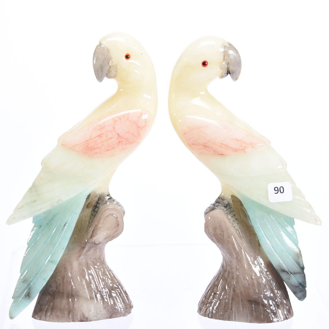 Pair Carved Stained Alabaster Parrots 10": Pair Carved Stained Alabaster Parrots - 10" - Yellow, Green and Pink - Perched on Gray Rock - Both Marked "M-006246" -