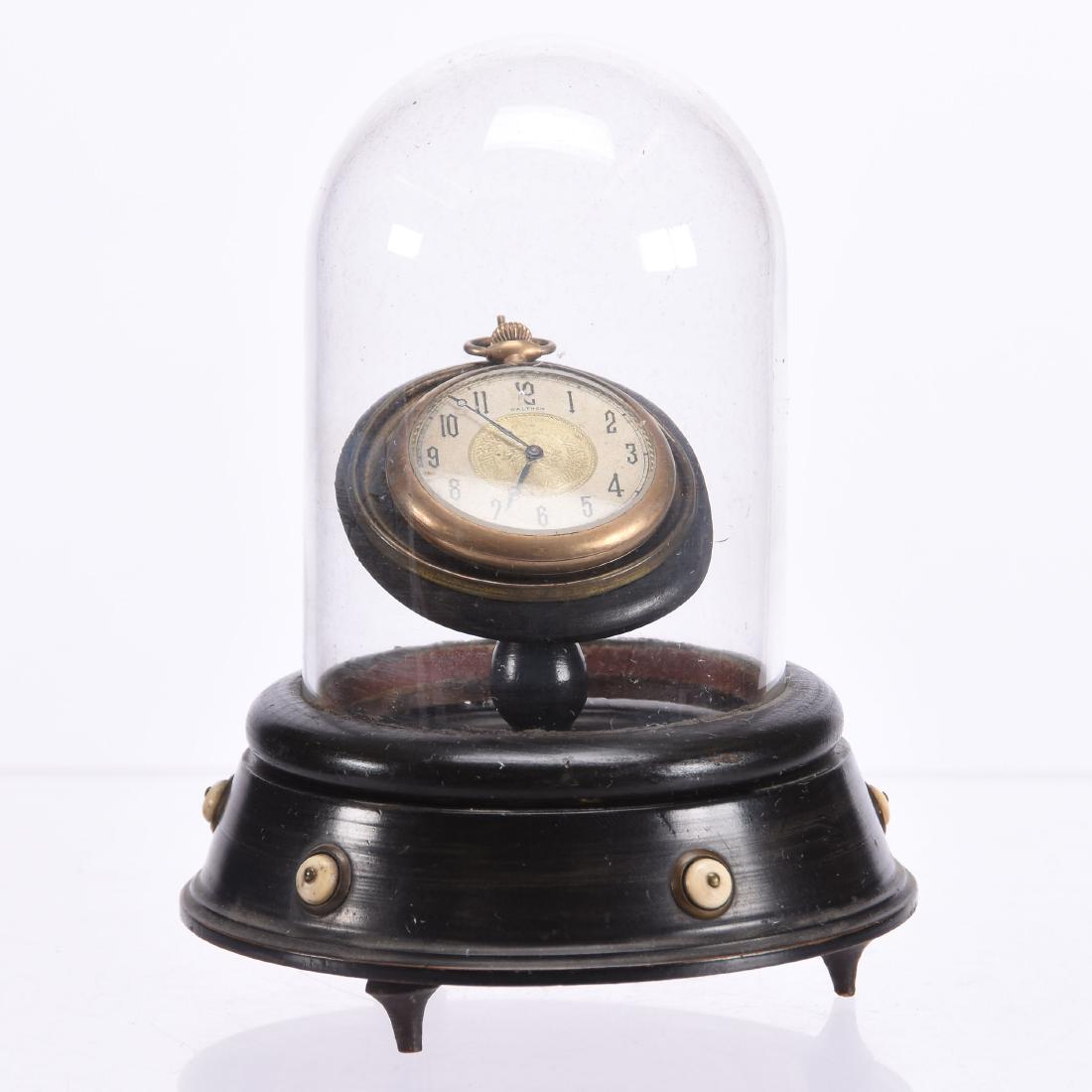 Pocket Watch on Stand in Dome 5.75": Pocket Watch on Stand in Dome - 5.75" - Waltham - 15 Jewel - See Photos for Details - Set on Ebony Watch Stand with Original Hinged Glass Dome