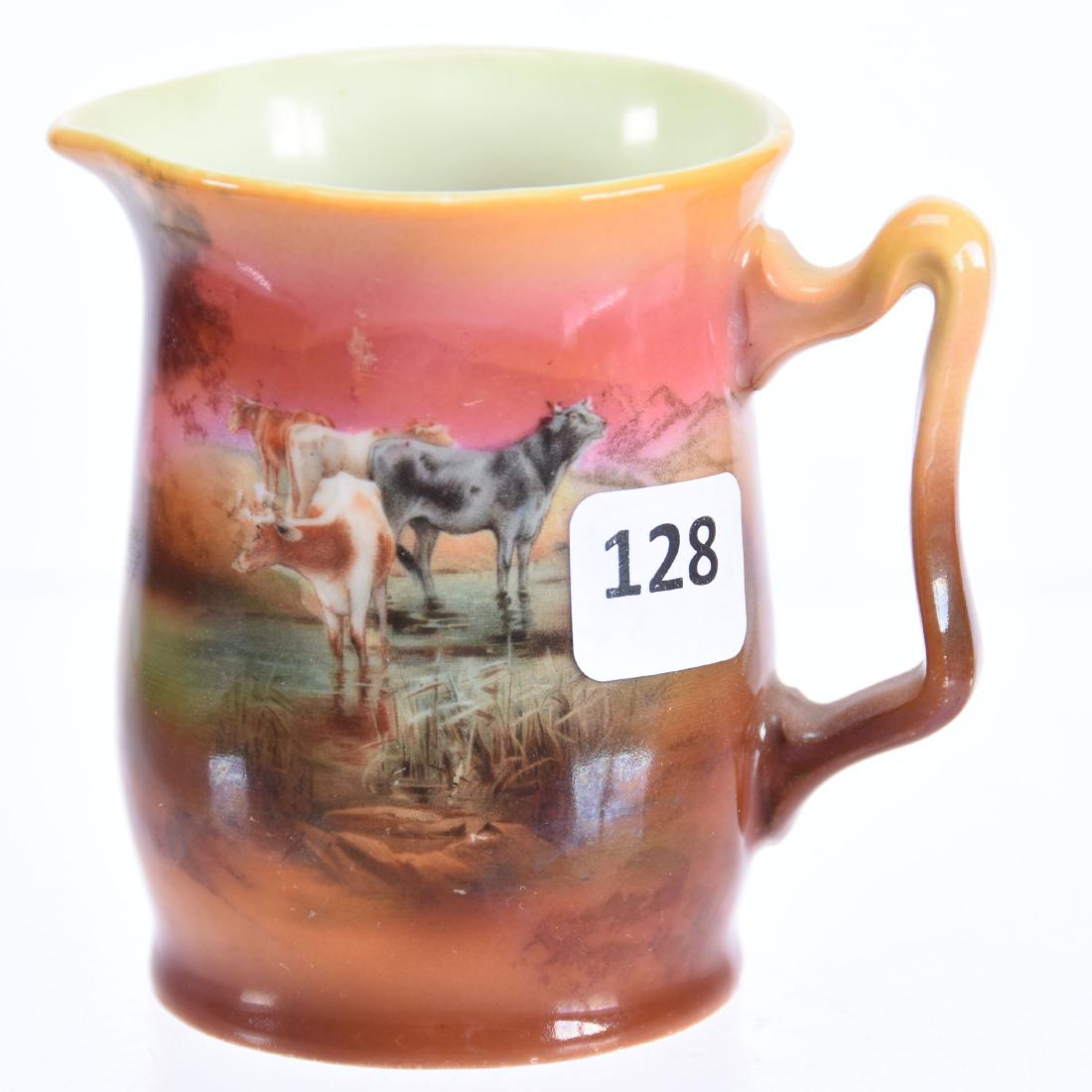 Royal Bayreuth (Blue Mark) Creamer 3.25": Royal Bayreuth (Blue Mark) Creamer - 3.25" - Scene of Cattle in Creek - Sunset Scenic Decor