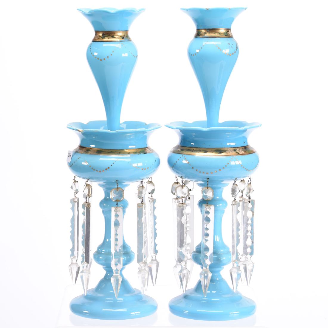 Pair Blue Opaque Art Glass Lustres 18" (1 of 3)