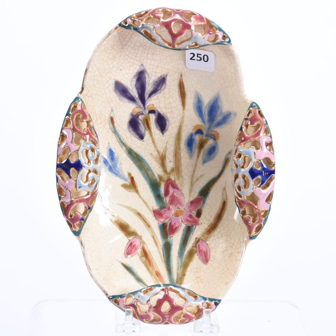 Zsolnay Oval Dish 9" X 6.25": Zsolnay Oval Dish - 9" X 6.25" - Cream Tones with Iris Decor - Bulging Reticulated Border