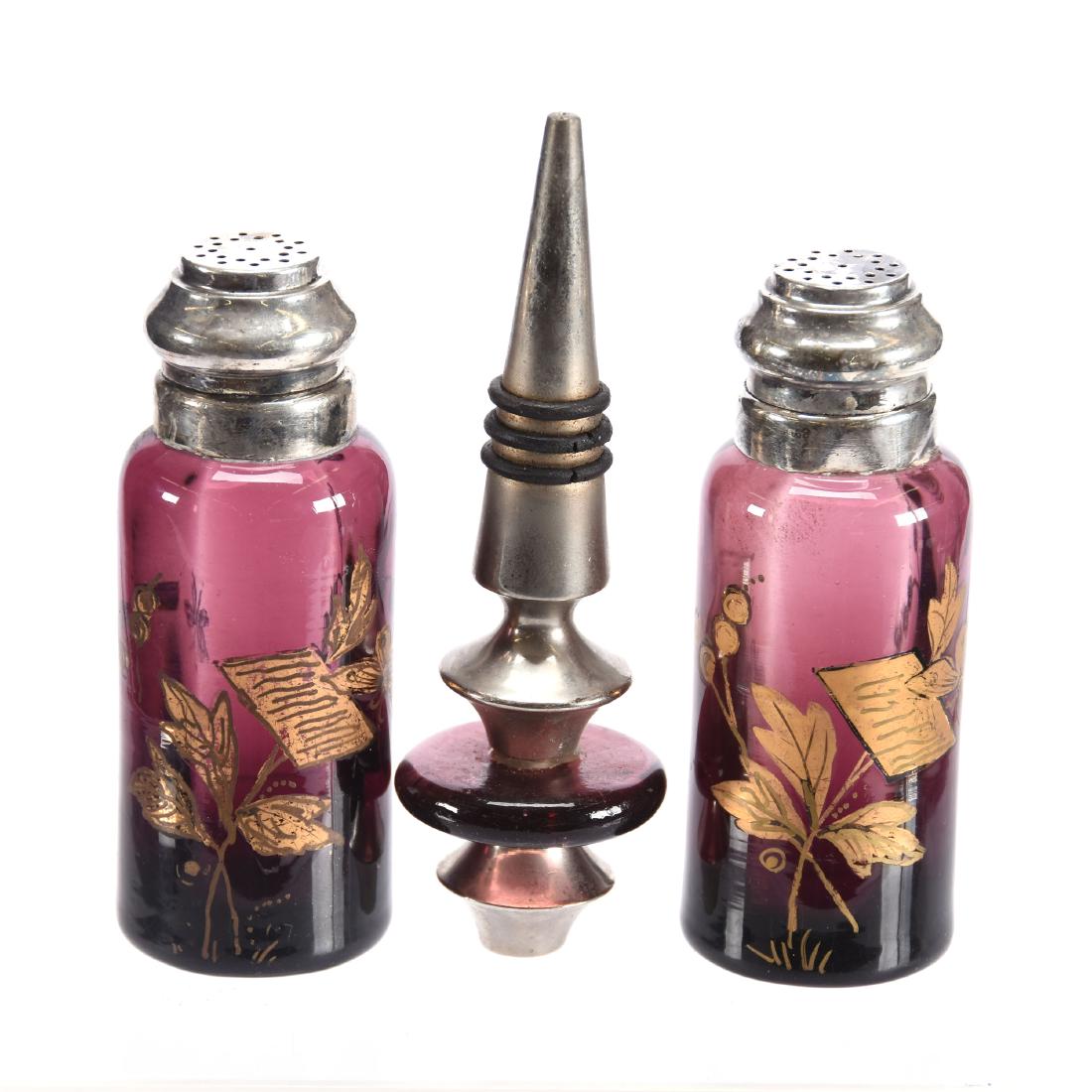 Amethyst Art Glass Salt and Pepper Shakers 4.25": Amethyst Art Glass Salt & Pepper Shakers - 4.25" - Gold Stencil Floral and Butterfly Decor - One Shaker Has Possible Base Touch-Up - Also Selling 5" Amethyst and Silver Stopper/Plug with Unknown Purpo