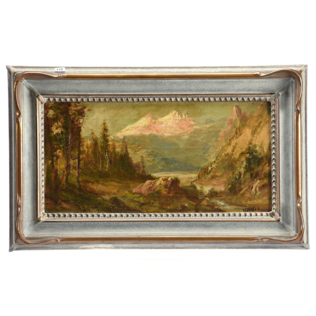 Oil Painting on Canvas 10" X 20": Oil Painting on Canvas - 10" X 20" - Scene of Lake and Mountains - Artist Signed "W. Willis" - Overall Size is 16" X 26" - Frame is Pale Blue with Gold