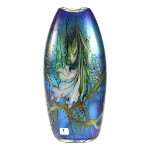 Signed Okra Contemporary Art Glass Vase 13": Signed Okra Contemporary Art Glass Vase - 13" - Blue Iridescent with White Plume and Gold Vein Design Titled "Nightfall" - Dated 2005 - Artist Signed "Richard Golding"