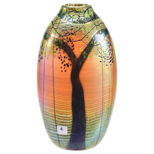 Signed Okra Contemporary Art Glass Vase 11.5": Signed Okra Contemporary Art Glass Vase - 11.5" - Gold Iridescent with Tree and Grass Design - Dated 2006 - Artist Signed "Richard Golding" - Titled "Wood II"