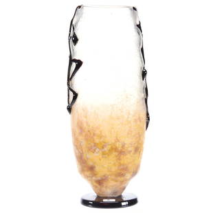 Unmarked French Art Glass Pedestal Vase 14.5": Unmarked French Art Glass Pedestal Vase - 14.5" - in the Style of Schneider - Frosted Yellow, Lavender and White Mottled Design with Amethyst Foot and Applied Glass Design - Does Have a Fake Daum