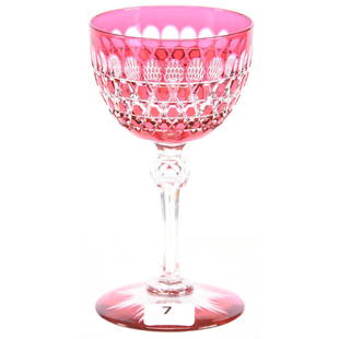 American Brilliant Cut Glass Wine 5.25" X 2.875": American Brilliant Cut Glass Wine - 5.25" X 2.875" - Cranberry Cut to Clear - Hob Button and Punte Motif - Clear Stem - Colored Ray Cut Foot*