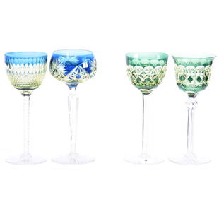 (4) Color Cut to Vaseline Rhine Wines 7.5": (4) Color Cut to Vaseline Rhine Wines - 7.5" - (2) Wines Are Green Cut to Vaseline with Diamond and Punte Motif, Different Shaped Bowls - (1) Wine Is Blue Cut to Vaseline, Crosscut Diamond and Split