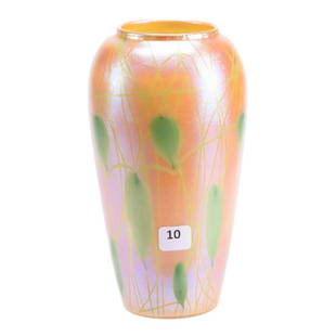 Signed Durand Art Glass Vase 7.75" X 4.25": Signed Durand Art Glass Vase - 7.75" X 4.25" - Iridescent Butterscotch Background with Green Heart and Vine Decor - Signed "Durand #1722-8"