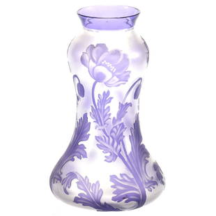 Signed Val St. Lambert French Cameo Vase 8.5": Signed Val St. Lambert French Cameo Vase - 8.5" - Frosted Background with Amethyst Cameo Carved Overlay - Poppy Decor