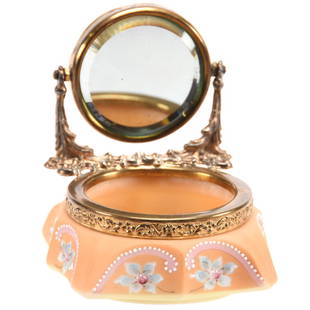 Mirror Tray Marked Nakara 5" X 4": Mirror Tray Marked Nakara - 5" X 4" - Apricot with Blue Floral Decor - Pink Trim with White Enamel Beaded Highlights *