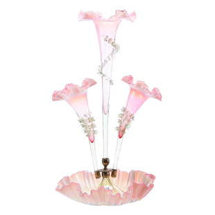 Three Lily Victorian Art Glass Epergne 18.5" X 10.5": Three Lily Victorian Art Glass Epergne- 18.5" X 10.5" - Vaseline Cranberry Opalescent with Applied Rigaree - Large Center Lily Has Some Ash on Ruffled Edge (from Factory)