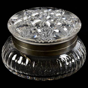 American Brilliant Cut Glass Jewel Box 3.5" X 6": American Brilliant Cut Glass Jewel Box - 3.5" X 6" - Lid Cut with Star and Petal Design of Star, Hobstar, Vesica and Fan Motif - Uncut Base with Long Thumbprint Border - Sterling Silver Collar Marked