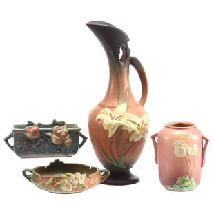 (4) Roseville Art Pottery Items: (4) Roseville Art Pottery Items - (1) #24-15" Pedestal Ewer, Zephyr Lily Pattern, Reproduction - (1) #761-6" Primrose Pattern Two-Handled Vase, Mauve Tones - (1) #388-6" Magnolia Pattern Planter,