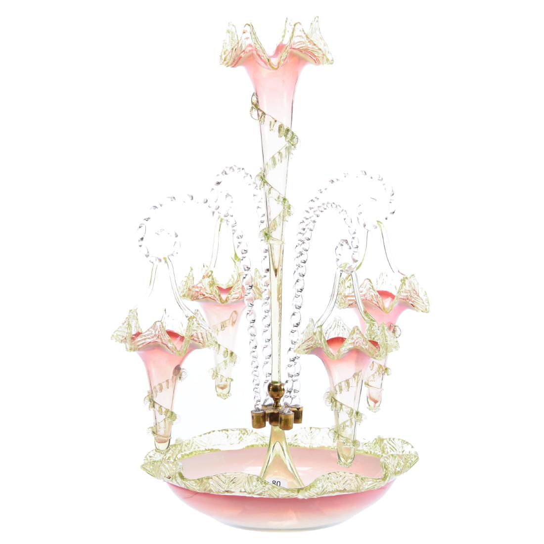 Beautiful Victorian Art Glass Epergne 21.5" X 14": Beautiful Victorian Art Glass Epergne - 21.5" X 14" - Vaseline Rubina Opalescent Ruffled Bowl with Single Center Lily Vase and Four Clear Twist Canes Holding (4) Hanging Baskets - Applied Rigaree