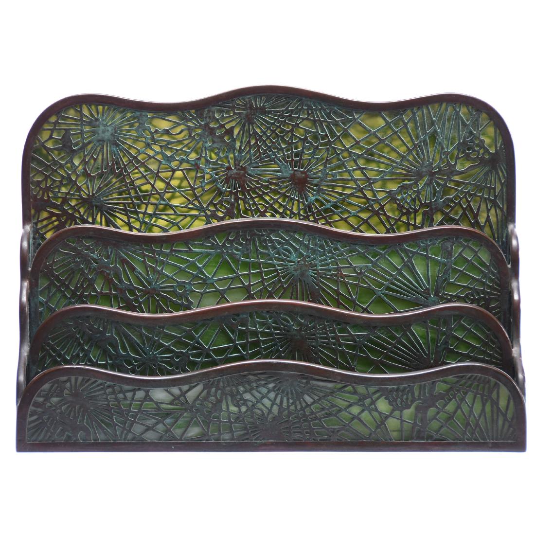 Signed Tiffany Studios Paper Rack: Signed Tiffany Studios Paper Rack -8.75" X 12.5" X 3.5" - Model #1008 Not Visible - Six Green Slag Panels - Part of Pine Needle Pattern Desk Set - Three Tier - UPDATE 2/26/19 - One Panel has a Crack -