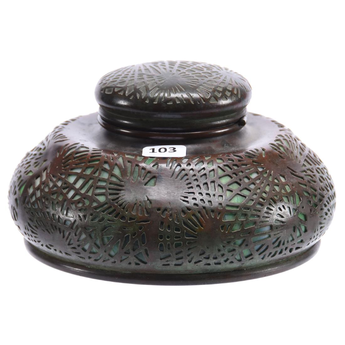 Signed Tiffany Studios #847 Inkwell 4" X 7": Signed Tiffany Studios #847 Inkwell - 4" X 7" - Green Slag Panels - Part of Pine Needle Pattern Desk Set - Original Glass Insert