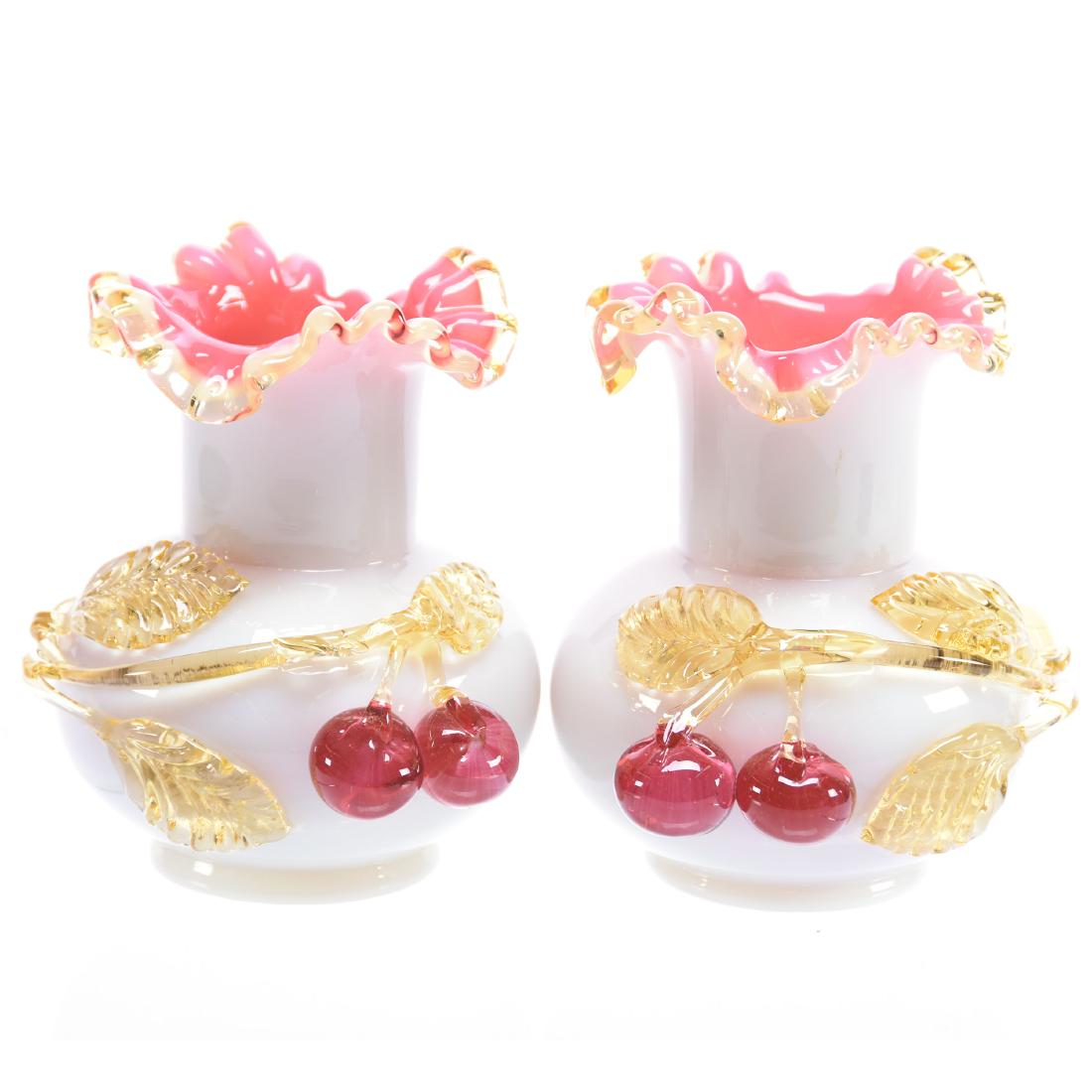 Pair Stevens & Williams Art Glass Vases 4.5": Pair Stevens & Williams Art Glass Vases - 4.5" - White Cased Exterior with Pink Interior - Amber Glass Applied Branch and Leaf with Cherry Highlights