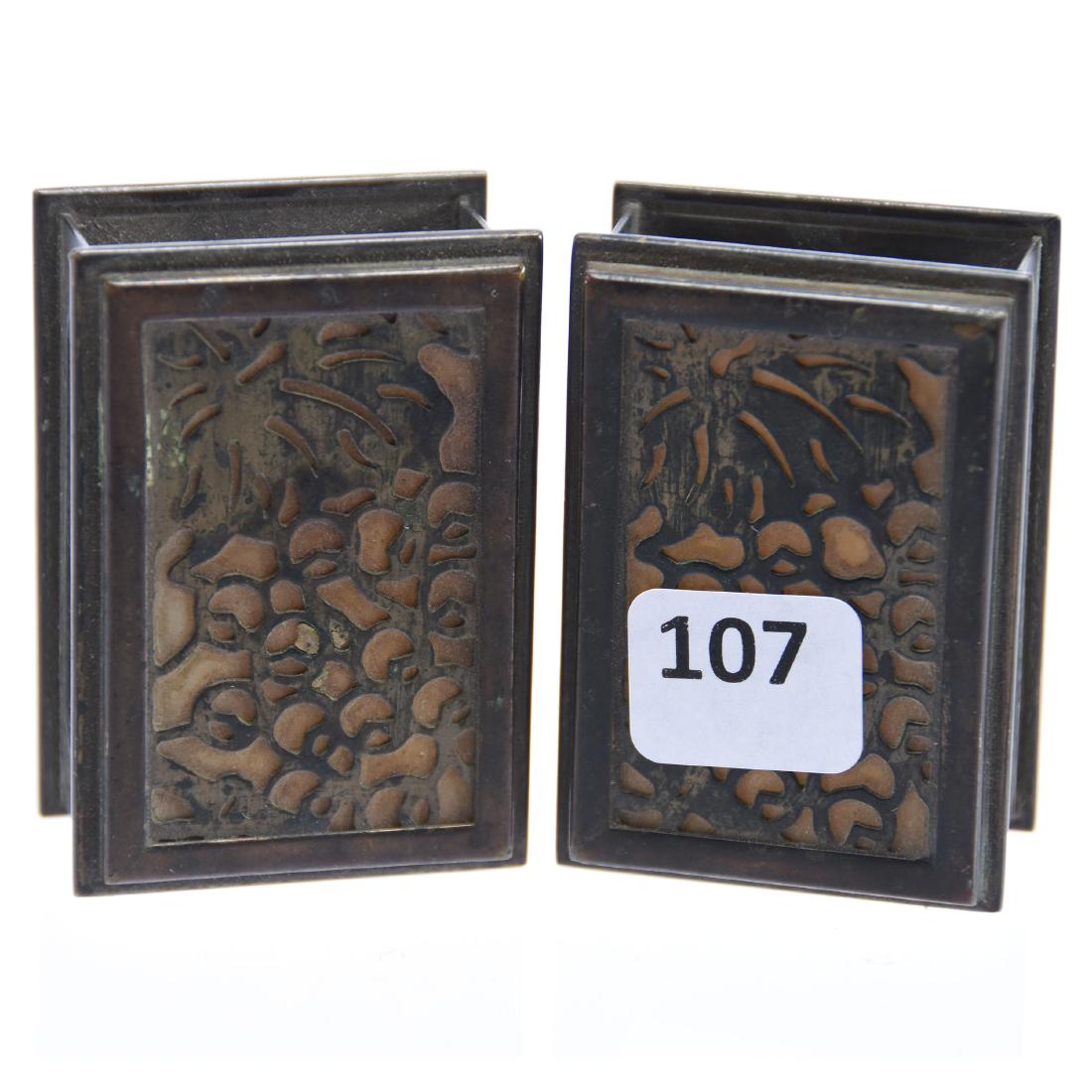 (2) Signed Tiffany Studios #969 Match Box Holders: (2) Signed Tiffany Studios #969 Match Box Holders - 2.5" X 1.75" - Part of Grapevine Pattern Desk Set - Caramel Slag Panels - (1) Box Missing One Panel