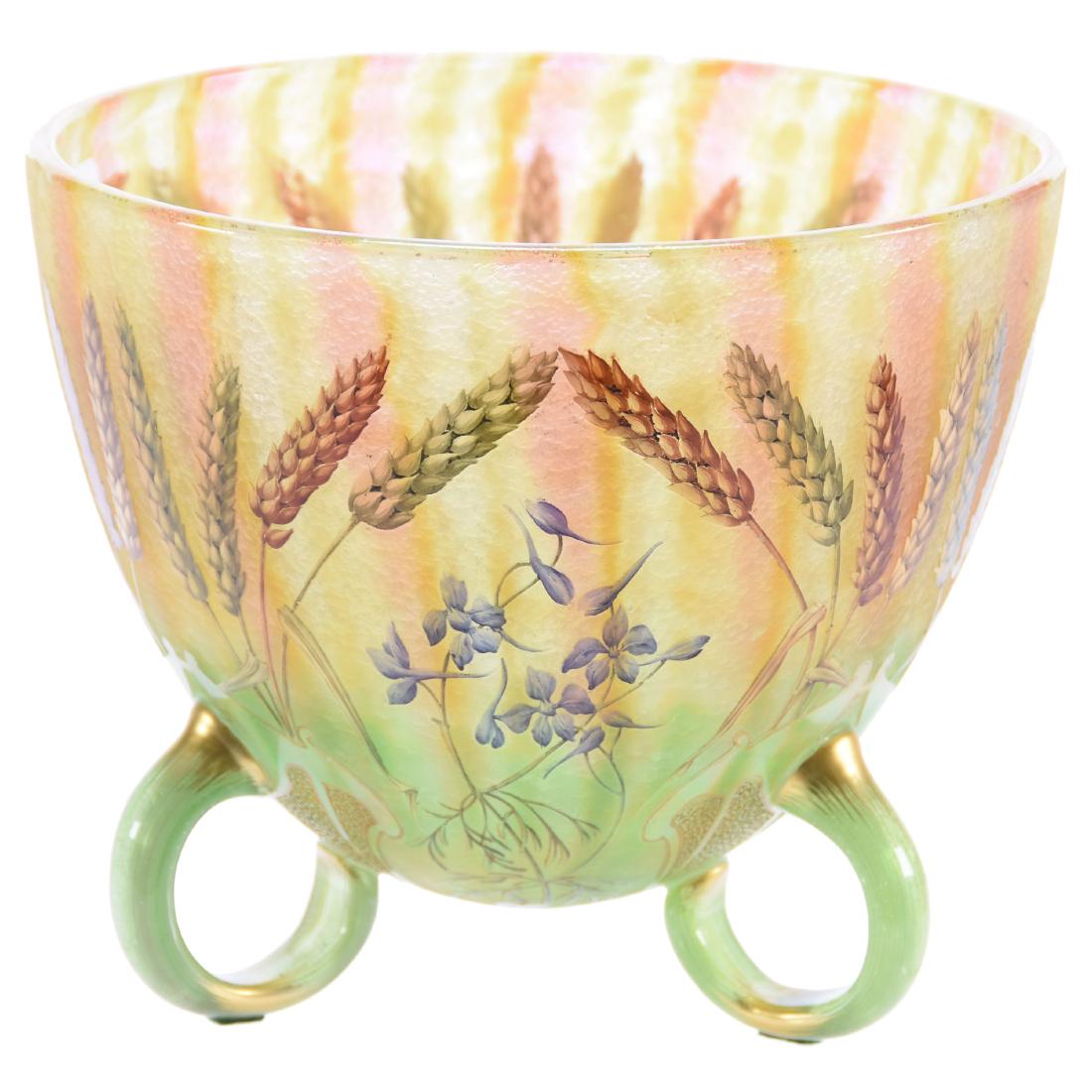 Signed Daum Nancy French Cameo Art Glass Vessel: Signed Daum Nancy French Cameo Art Glass Vessel - 6.25" X 7.5" - Acorn Shaped Bowl with Three Large Looping Applied Feet - Green, Yellow and Pink Mottled Background with Colorful Carved and Enameled W