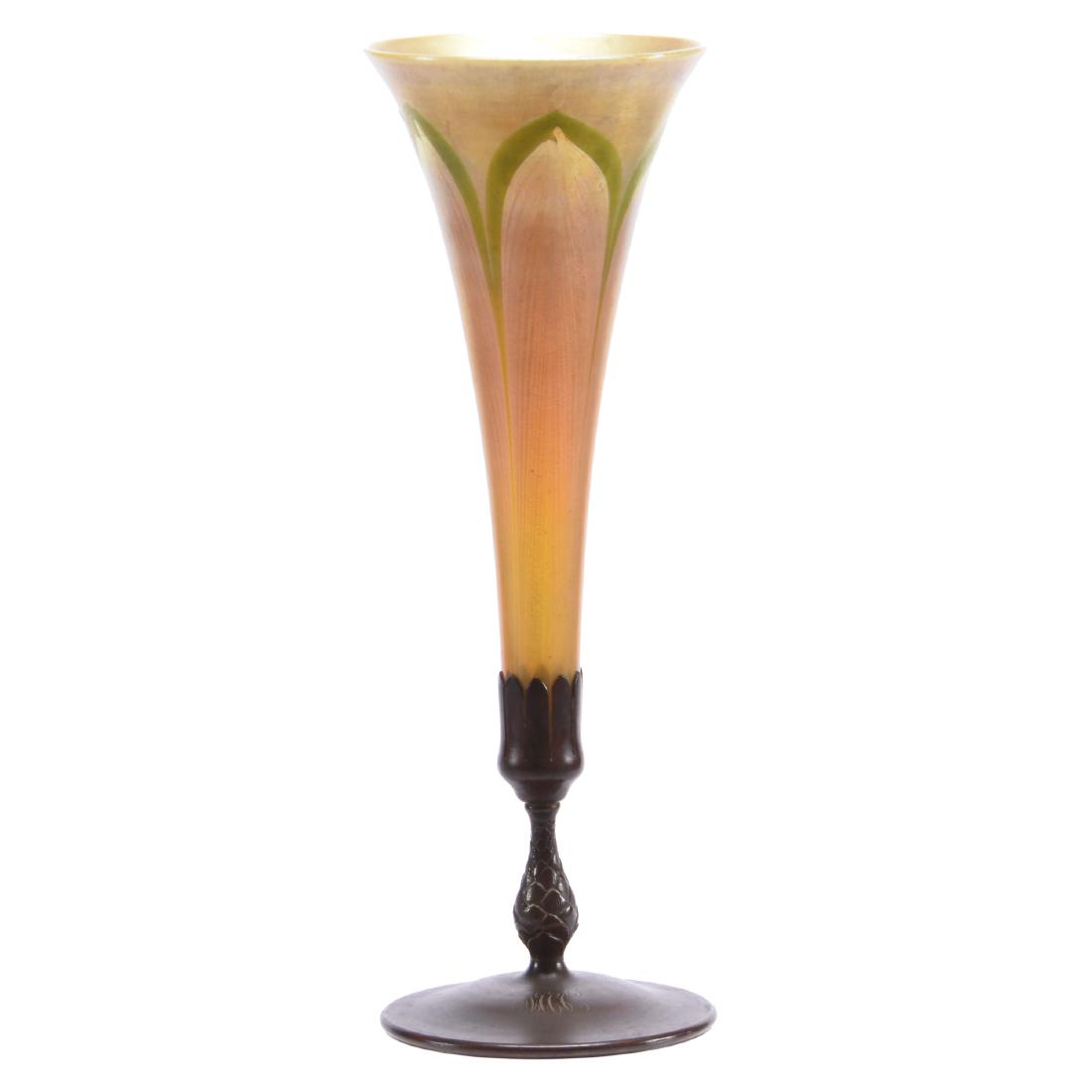 Signed Tiffany Decorated Art Glass Trumpet Vase: Signed Tiffany Decorated Art Glass Trumpet Vase - 15" X 5.25" - Gold Iridescent Vase with Pulled Feather Design Signed "LCT" - Set in Original Bronze Base Signed "Tiffany Studio #4-1043"