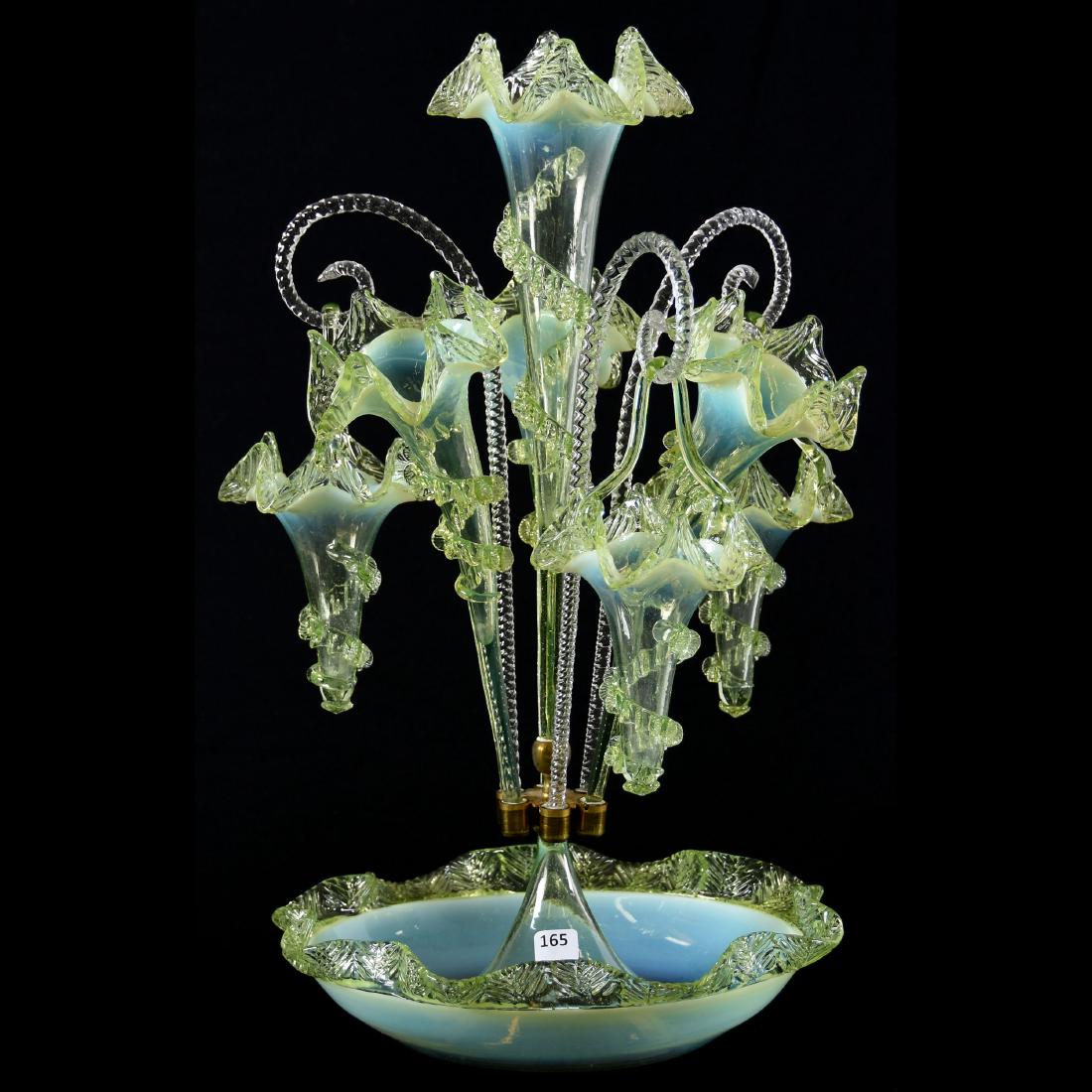 Victorian Vaseline Opalescent Four Lily Epergne: Victorian Vaseline Opalescent Four Lily Epergne - 20.5" X 13" (Widest Part) Features (4) Lilies, Each with Applied Rigaree, Three Glass Twist Canes Holding Three Matching Baskets - Great Item!