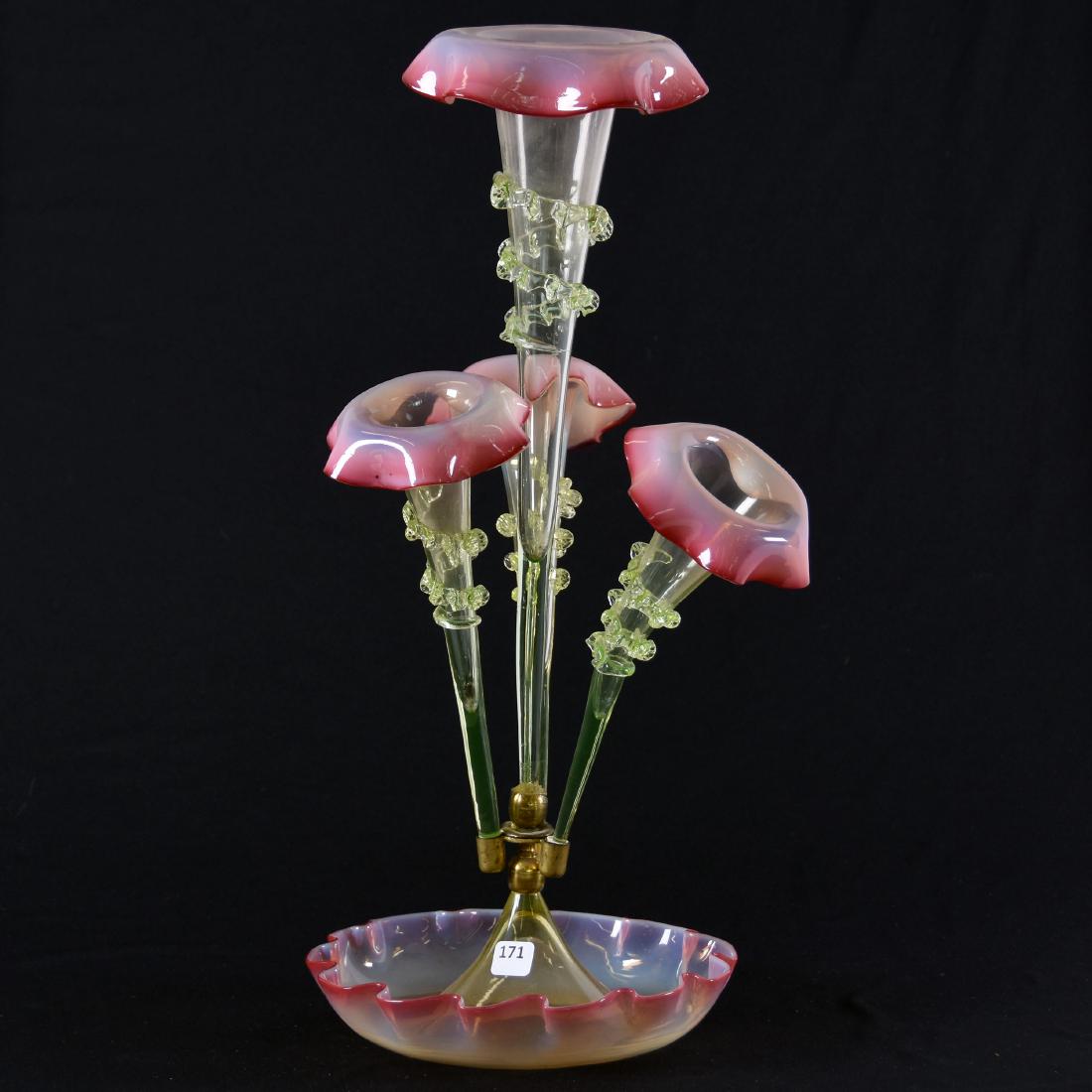 Four Lily Art Glass Epergne 20" X 8.5": Four Lily Art Glass Epergne - 20" X 8.5" - Cranberry Vaseline Opalescent - Center Lily Has Some Loss to End of Applied Rigaree
