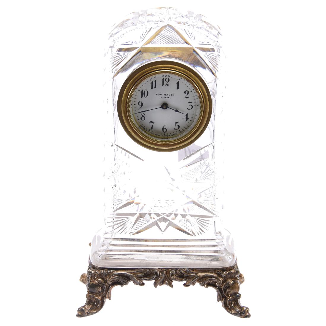American Brilliant Cut Glass Desk Clock 8.5" X 5": American Brilliant Cut Glass Desk Clock- 8.5" X 5" - Hobstar, Strawberry Diamond and Fan Motif - Notched Sides - Uncut Back - Gilt Metal Feet - New Haven Clock Works *