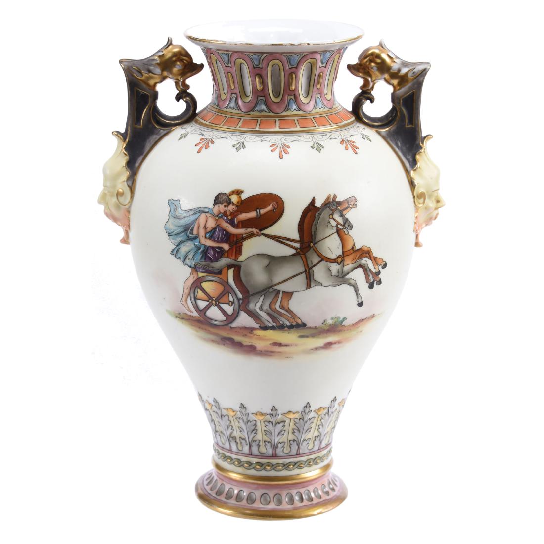 Unique Marked Royal Rudolstadt Vase 11.5" X 8": Unique Marked Royal Rudolstadt Vase - 11.5" X 8"- Two- Handled - Cream Background with Colorful Scenic Decor of Roman Chariot - Multi-Color Border Highlights - Figural Handles