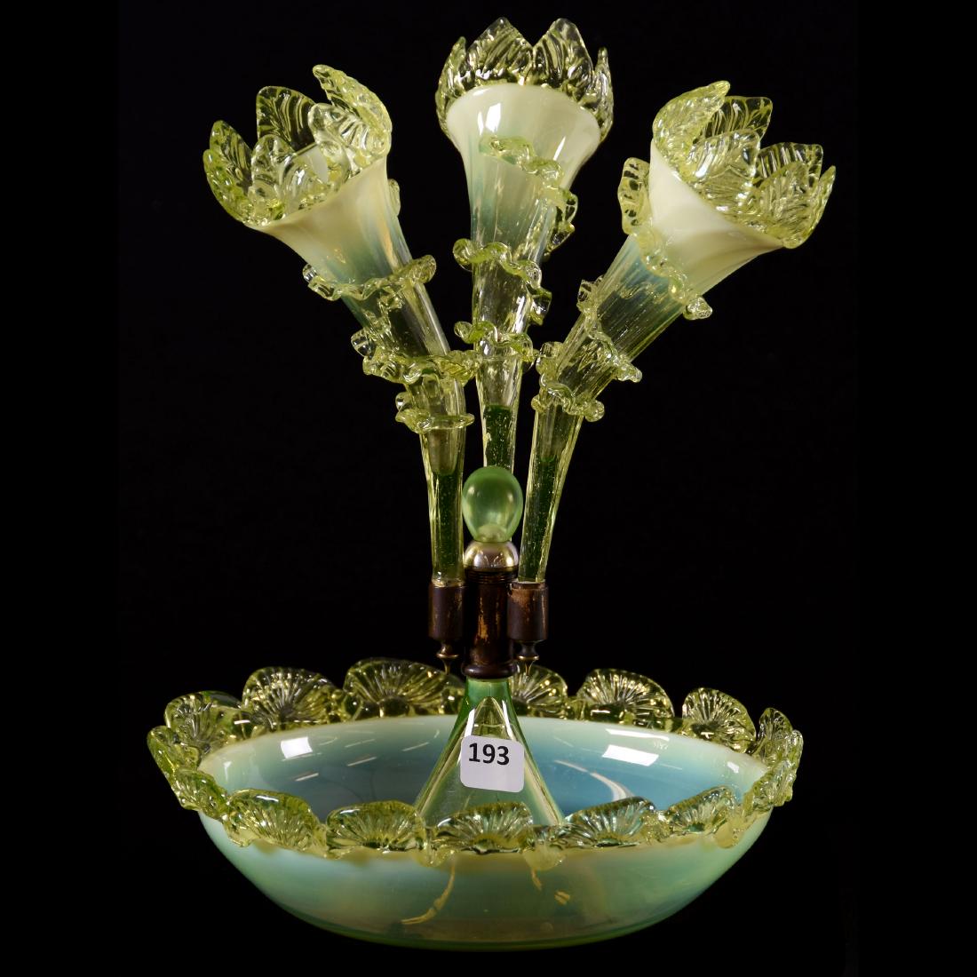 Victorian Art Glass Epergne 11" X 8.5": Victorian Art Glass Epergne - 11" X 8.5" - Vaseline Opalescent - Three Small Lilies - the Original Tall Center Lily Is Missing - Has Been Replaced with Simple Glass Bead