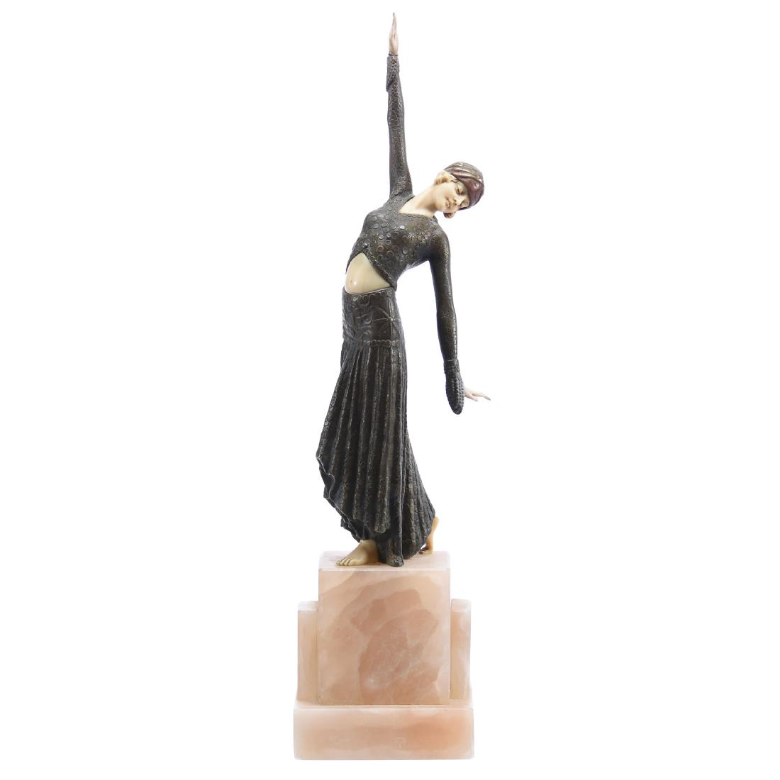 After Demetre Chiparus Figure on Marble 16": After Demetre Chiparus Figure on Marble - 16" - Circa 1930's - Classic Dancer with Carved Highlights - Right Hand Has Been Re-Attached - No Damage - Mounted on White Marble Stand