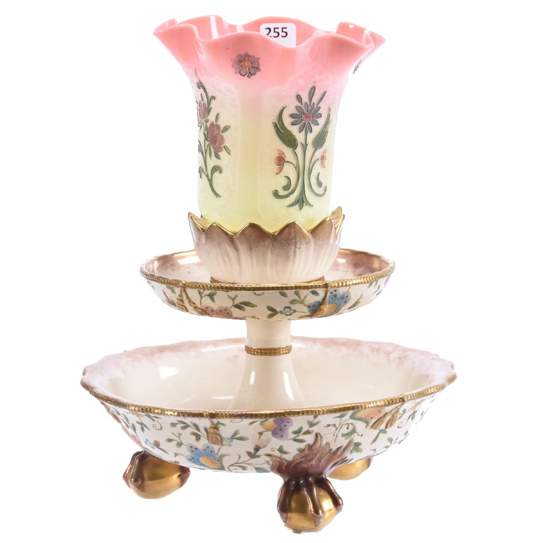 Rare Clarke's Fairy Lamp Centerpiece 11.5" X 9": Rare Clarke's Fairy Lamp Centerpiece - 11.5" X 9" - Marked "Clarke's Patent Trademark and Fairy" Two Tier Footed Porcelain Bowl with Colorful Floral Decor and Claw Feet - Super Acid Cut Decorated Glos