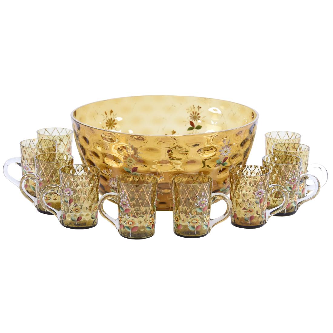 Amber Art Glass Punch Set 5.75" X 13" Bowl: Amber Art Glass Punch Set - 5.75" X 13" Bowl - Solid Amber Coinspot with Enameled Colorful Daisy Decor and Gold Stencil Lattice Highlights - (10) Matching 3.75" Cups