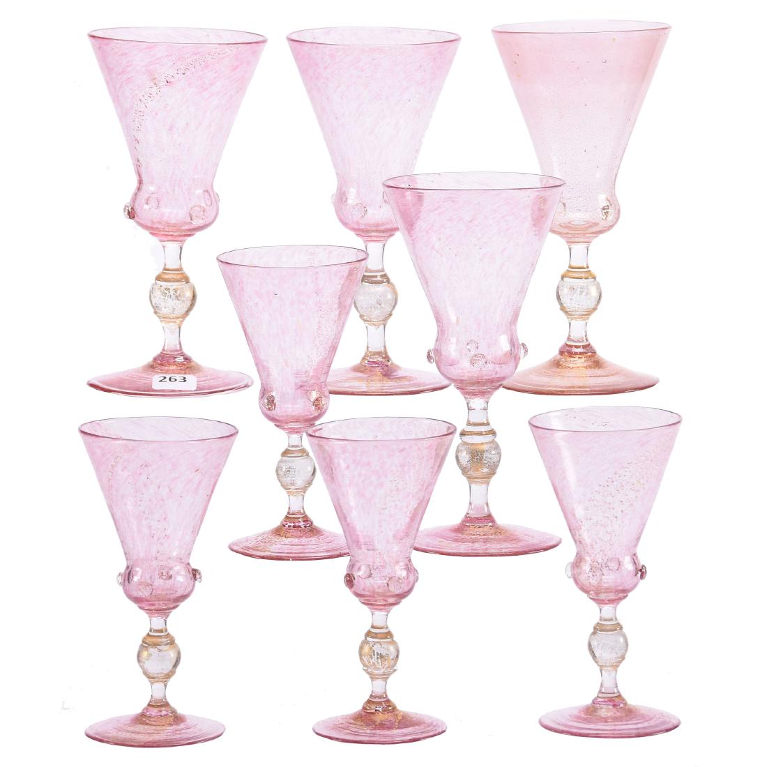 (8) Venetian Art Glass Stems: (8) Venetian Art Glass Stems - Delicate Pink Mottled Body with Bulbous Clear Stem and Gold Mica Highlights - (4) 7" Goblets - (4) 5.75" Wines