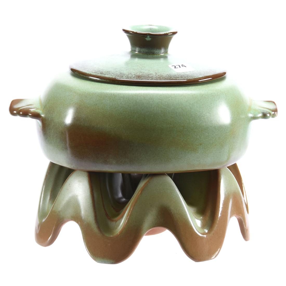 Marked Frankoma Covered Casserole & Warmer Stand: Unique Marked Frankoma Covered Casserole and Warmer Stand - 8" X 10" Across Handles - Green and Brown Tones - Casserole Marked "5 Victor" - Warmer Stand Is Marked "WA1"