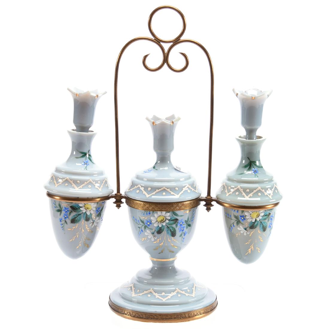 Victorian Vanity Perfume Set: Victorian Vanity Perfume Set - 14.25" X 11" - Blue Opaque Pedestal Box with Enamel Floral Decor - Gilt Metal Handle and Frame Holding Two Matching Acorn Shaped Perfume Bottles