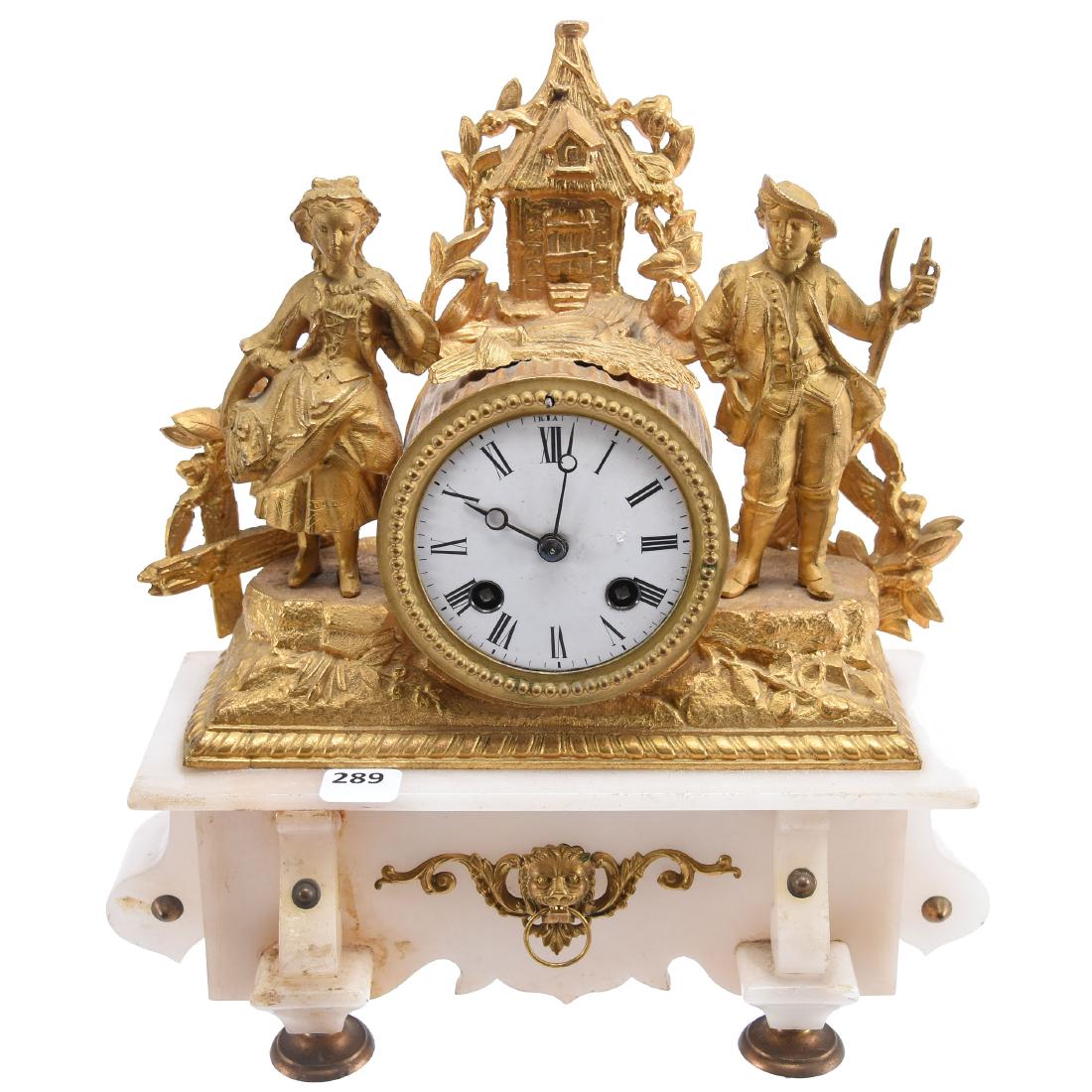 French Figural Mantel Clock 12" X 11": French Figural Mantel Clock - 12" X 11" - White Onyx Base with Figural Gilt Metal Top Featuring Man and Woman in Field - Key and Pendulum Included