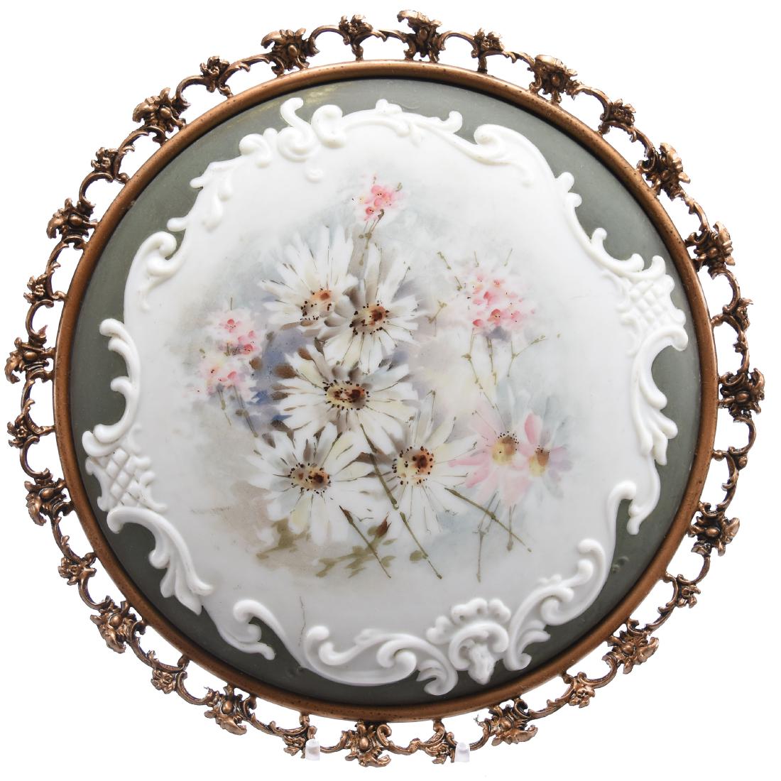 Wave Crest Wall Plaque 10" Round: Wave Crest Wall Plaque - 10" Round - Daisy and Pink Floral Decor with Green Border - Original Backing - Gilt Metal Frame Overall Size 11.5" Diameter