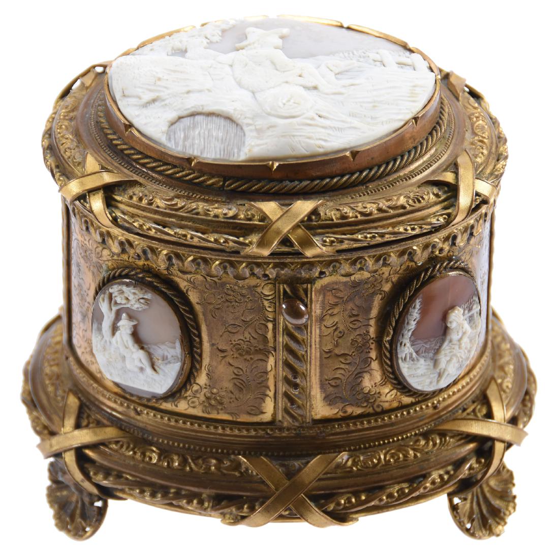 Fabulous Victorian Era Jewel Box 4.75" X 5": Fabulous Victorian Era Jewel Box - 4.75" X 5" - Elaborate Gilt Metal Body with Five Original Carved Shell Cameo Medallions Around Sides and On Lid - Fantastic Detail - Original Lining - Must See - One