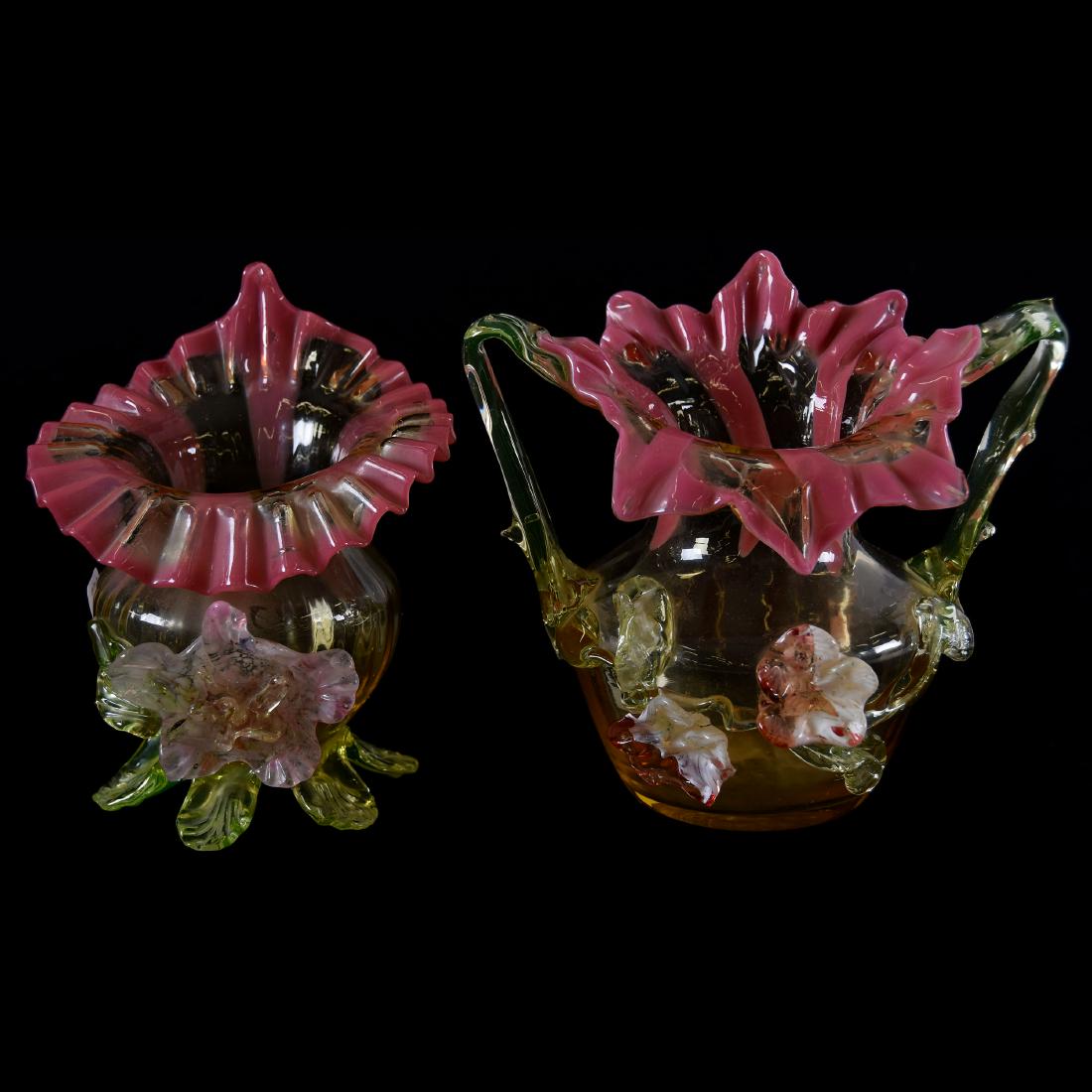 (2) Stevens & Williams Art Glass Vases: (2) Stevens & Williams Art Glass Vases - Both with Vaseline and Pink Opalescent Striped Body - (1) 6" X 7" Two Handled Jack in Pulpit with Two Applied Floral Blossoms - (1) 6.25" X 5" Jack in Pulpit F