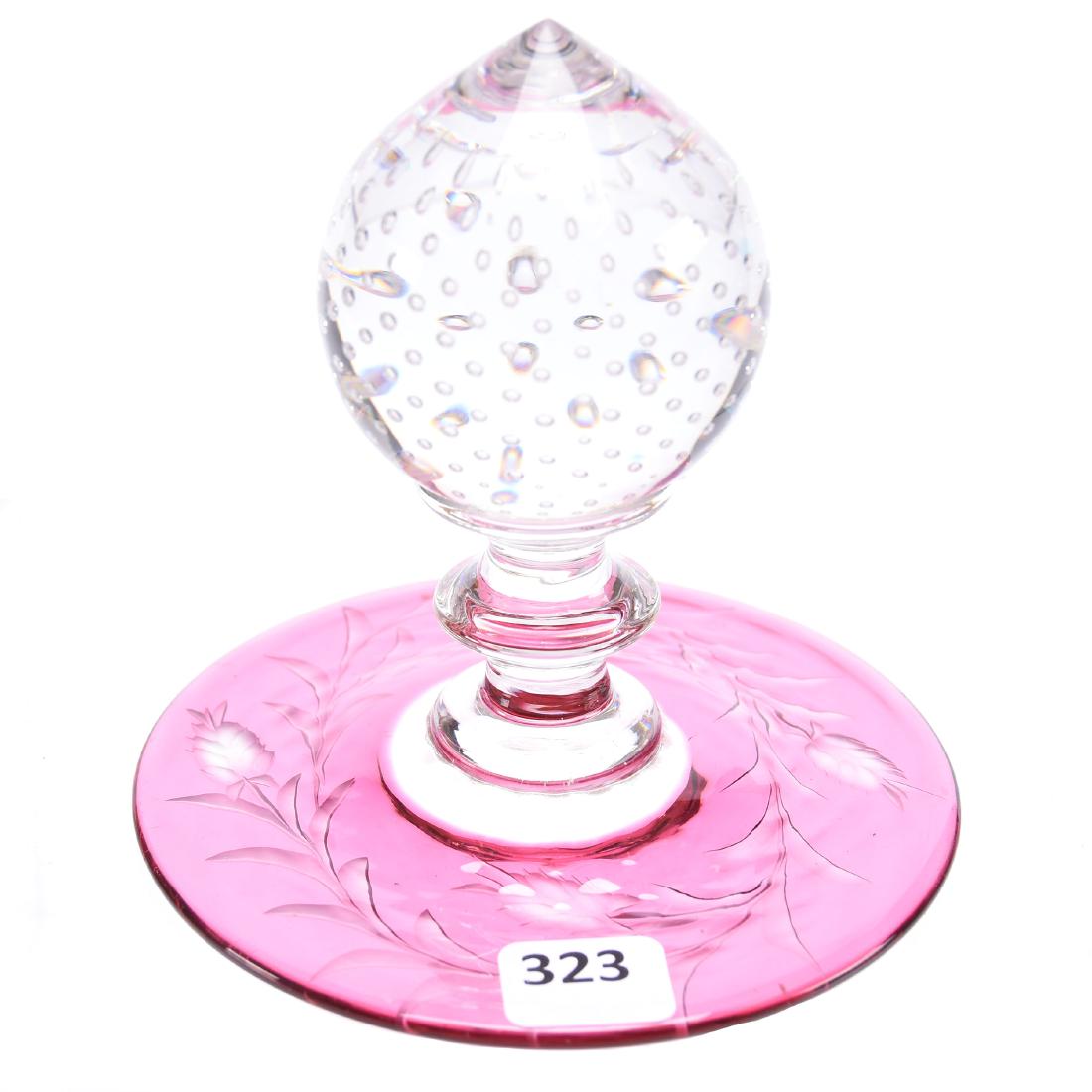 Pairpoint Modified Paperweight: Pairpoint Modified Paperweight - 4.5" X 4.75 Cranberry Cut to Clear - Engraved Swirled Leaf Foot - Controlled Bubble Ball Knob - Originally Was Part of a Vase and Was Modified into a Paperweight