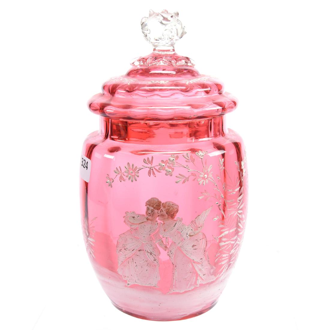 Mary Gregory Art Glass Biscuit Jar 9": Mary Gregory Art Glass Biscuit Jar - 9" - Solid Cranberry with Enamel Scene of Two Young Girls - Floral Highlights - Clear Applied Thorn Finial