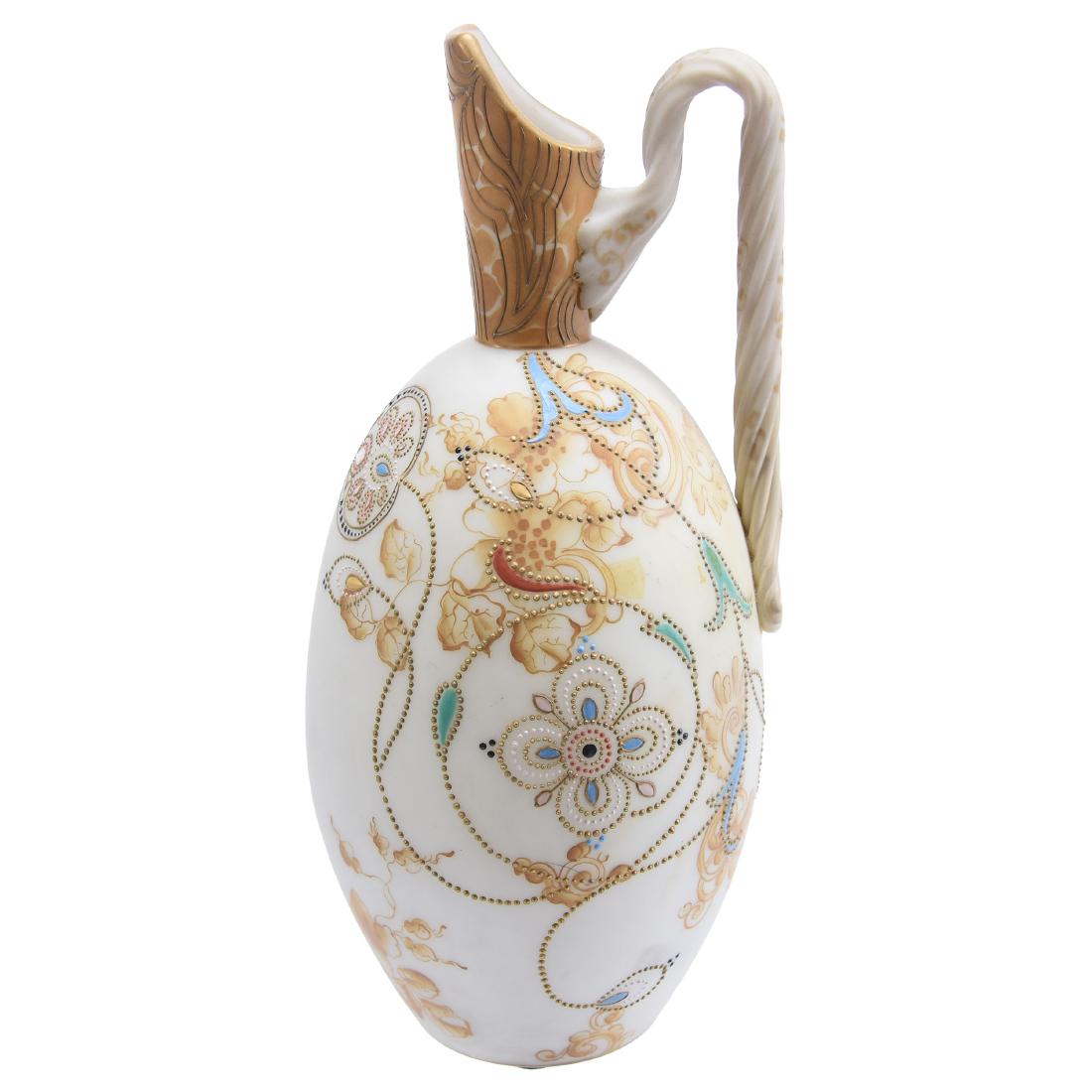 Unmarked Crown Milano Art Glass Ewer 12.5": Unmarked Crown Milano Art Glass Ewer - 12.5" - Cream Background with Gold Scroll Design - Heavy Beaded Tapestry Colored Highlights - Professional Repair at Base of Handle